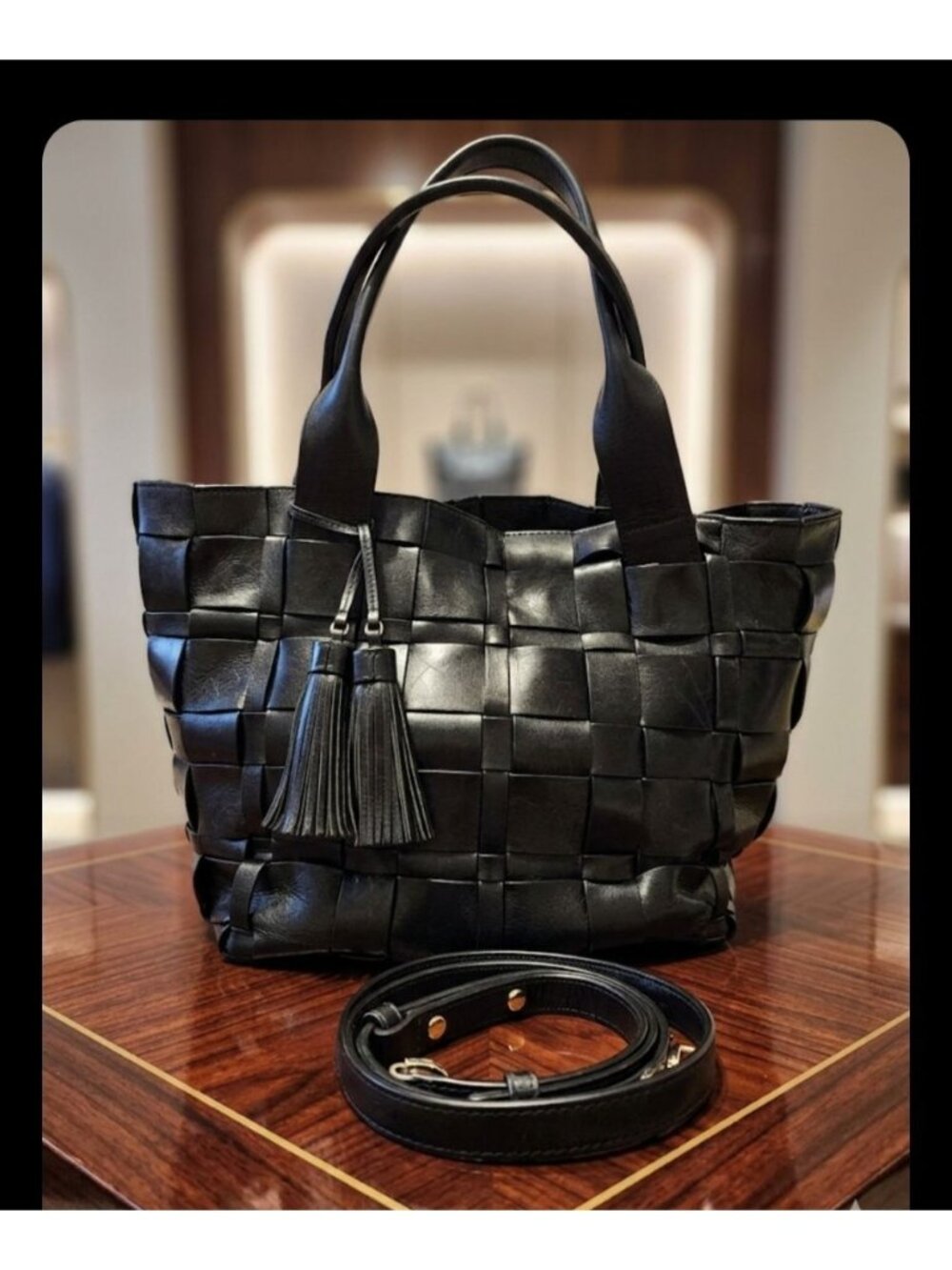 Michael Kors Black Woven Leather Vivian Tote Crossbody Bag